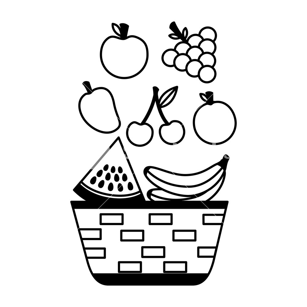1000x1000 Wicker Basket With Fruits Apple Grapes Banana And Mango Vector