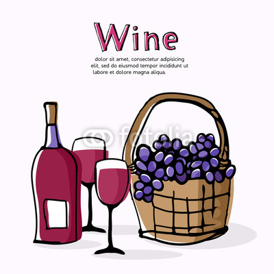 400x400 Claret Wine And Grapes In Wicker Basket Doodle Style Drawing