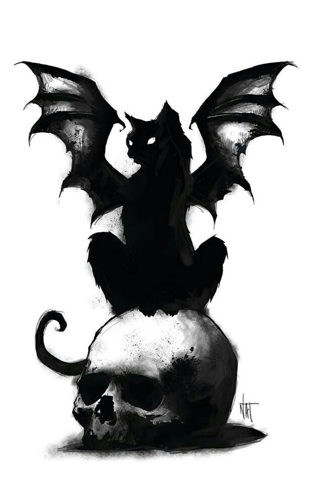620x960 Drawing Of A Winged Cat On A Skull Tat Ideas Arte Escura