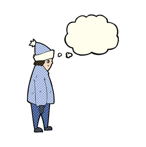599x600 Cartoon Person In Winter Clothes With Thought Bubble Art Print