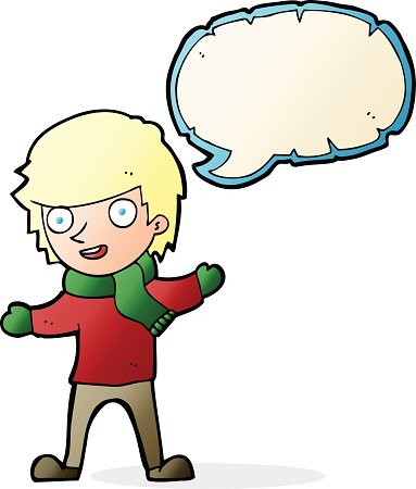 383x450 Cartoon Boy In Winter Clothes With Speech Bubble Stock Vectors