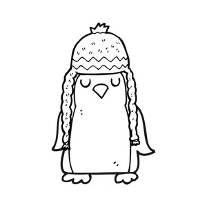 300x300 Freehand Drawn Black And White Cartoon Robin Wearing Winter Hat