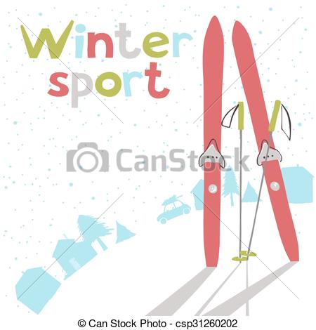 450x470 Winter Landscape With Ski And Silhouette Of Village