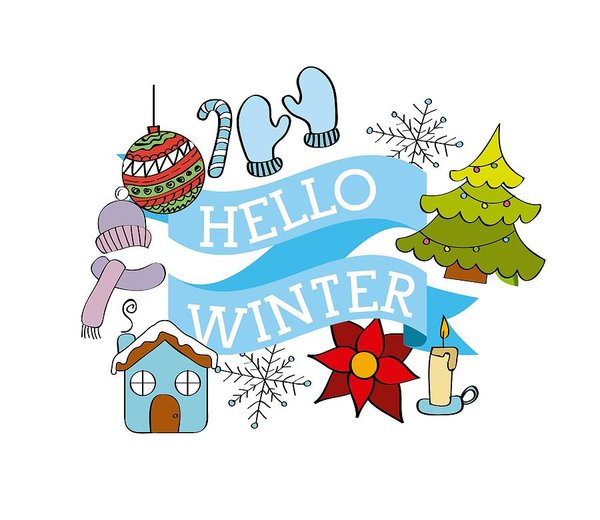 600x520 Hello Winter Season Weather Tree Ball Gloves Flower Ribbon