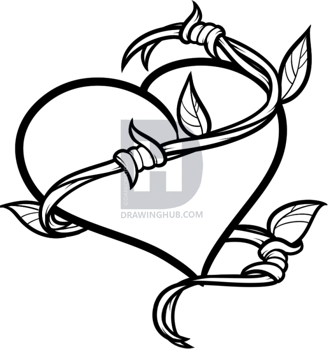 678x720 How To Draw A Barbed Heart Tattoo, Step