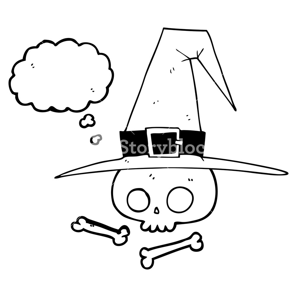 1000x1000 Freehand Drawn Thought Bubble Cartoon Witch Hat With Skull Royalty