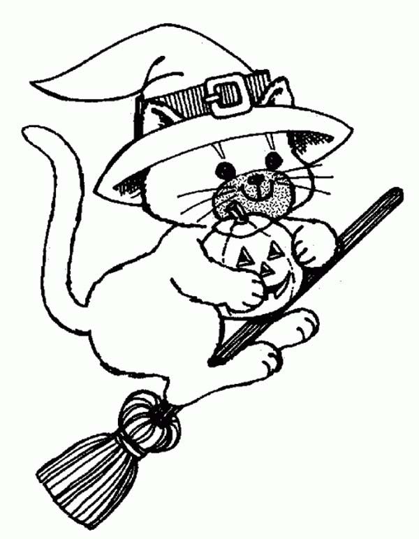 600x772 Witch Cat Riding Broomstick Coloring