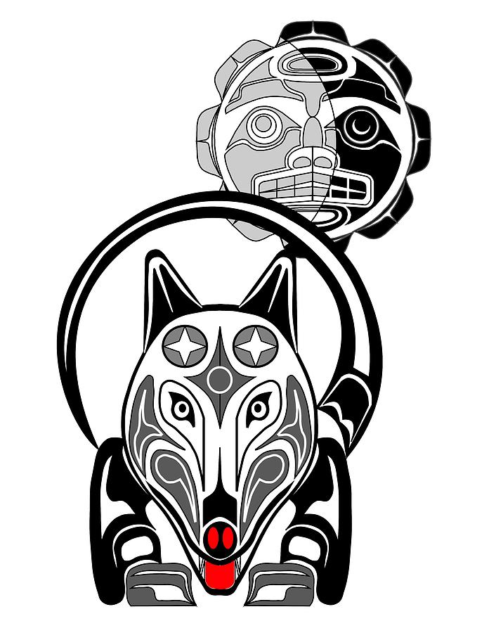 706x900 Wolf And Moon Totem Drawing