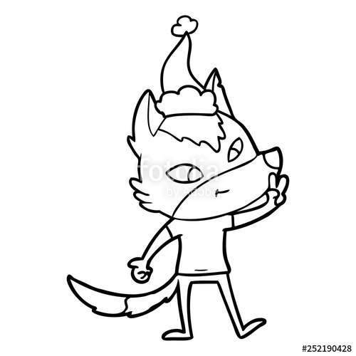 500x500 Friendly Line Drawing Of A Wolf Giving Peace Sign Wearing Santa