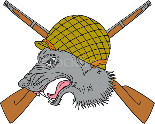 600x480 Grey Wolf Head World War Helmet Drawing Vector Illustration