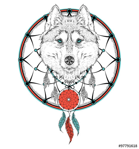 468x500 Animal Hand Drawn Illustration, Wolf Indian Warrior, Native