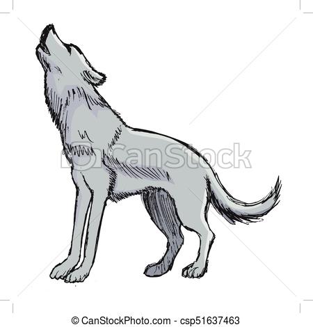 450x470 Wolf Howling To Moon Vector, Coloured, Sketch, Hand Drawn Image