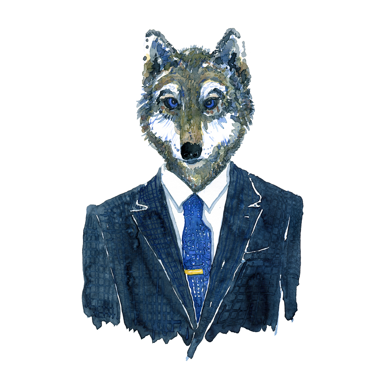 1250x1250 Square Watercolor Animal Portrait Wolf In Suit Artwork