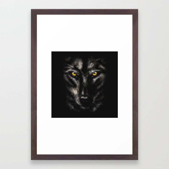 700x700 Hand Drawing Portrait Of A Black Wolf On A Black Background Framed