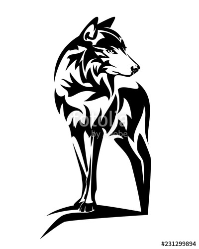 400x500 Wild Wolf Standing On Rock Black And White Vector Outline Design