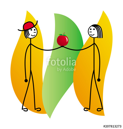 475x500 A Man And A Woman Are Holding An Apple Cartoon Schematic Drawing