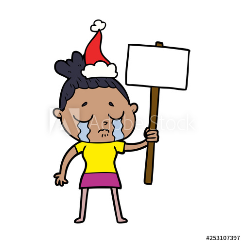 500x500 Line Drawing Of A Crying Woman With Protest Sign Wearing Santa Hat