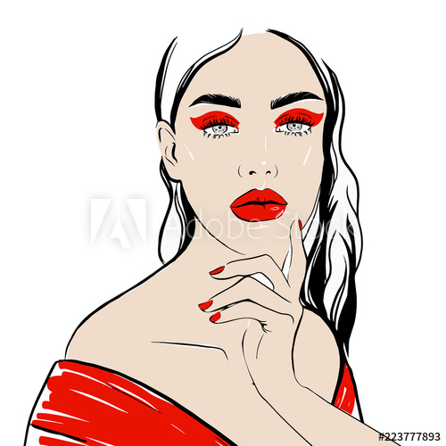 500x500 Chic Girl, Woman Face In Red Clothes With Red Makeup And Lips Hand