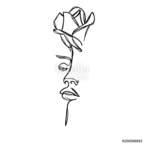 500x500 Woman Face With Rose Flower Continuous Line Drawing Stock Image