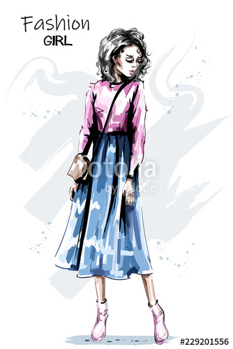 334x500 Hand Drawn Beautiful Young Woman In Skirt Stylish Elegant Girl
