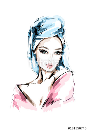 334x500 Hand Drawn Beautiful Woman Portrait Fashion Woman With Bath Towel
