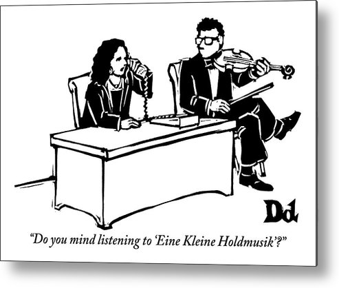 493x418 A Woman Sitting At A Desk And Speaking Metal Print