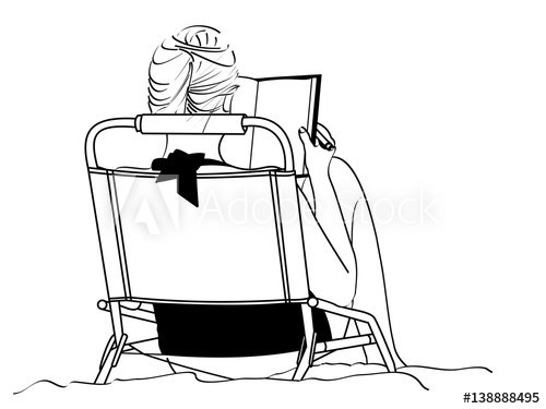 500x375 a line drawing of an young woman studying as she sits in a beach