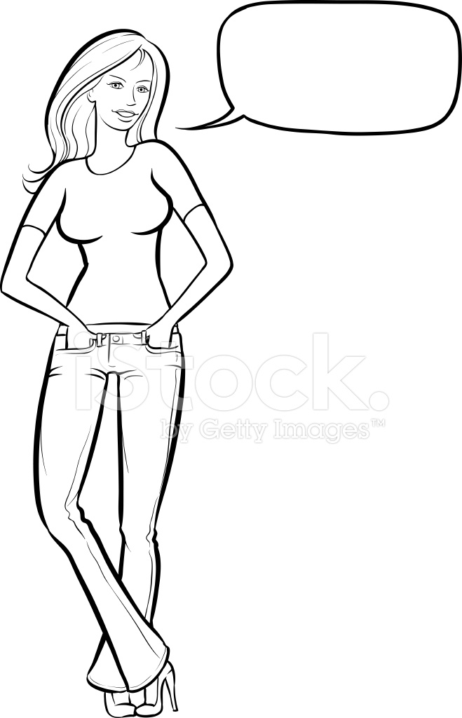 659x1024 Whiteboard Drawing Standing Woman In Jeans With Speech Bubble
