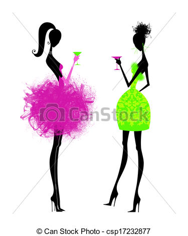 375x470 Two Chic Young Women In Party Dresses Fashion Illustration