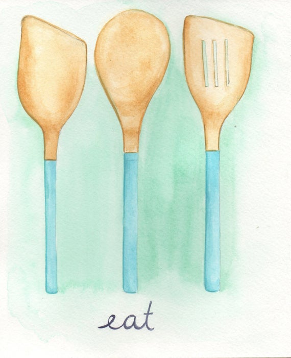 570x701 Wooden Spoons Watercolor Print Kitchen Utensil Art Wooden Etsy