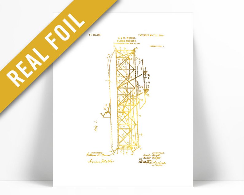 794x635 Wright Brothers Patent Illustration Gold Foil Print Etsy