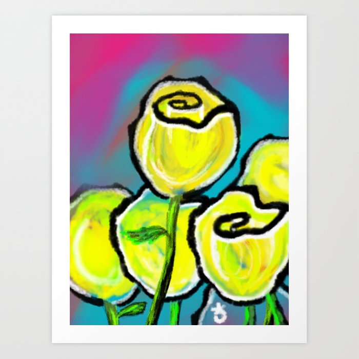 700x700 Colorful Yellow Rose Flowers With Purple Blue And Green Art Print