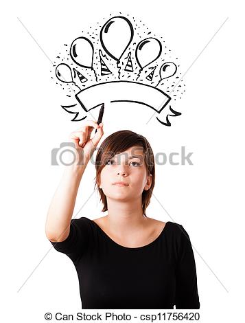 357x470 Young Girl Drawing A Party Label On Whiteboard With Copyspace