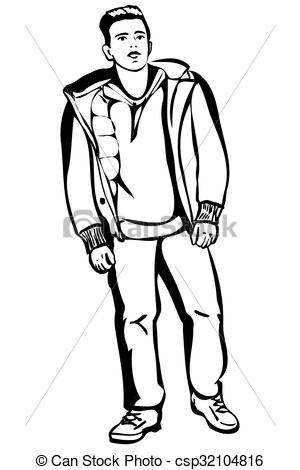 300x470 Black And White Vector Sketch Of A Young Man In A Short Jacket