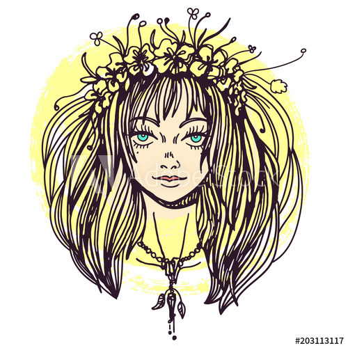 500x500 illustration of a young woman in flower crown wearing amulet