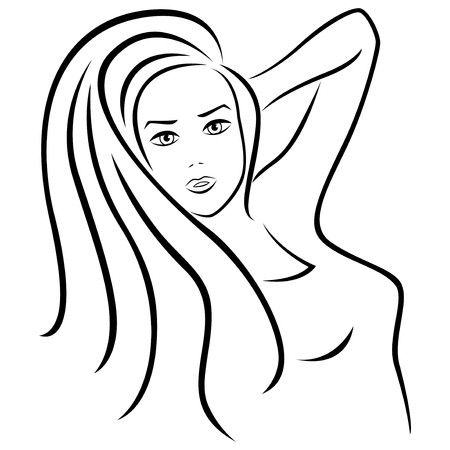 450x450 Beautiful Young Woman Half Turn Portrait, Hand Drawing Outline