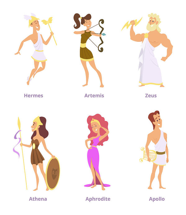 600x692 Greek Ancient Gods Set Of Cartoon Characters Male And Female Art