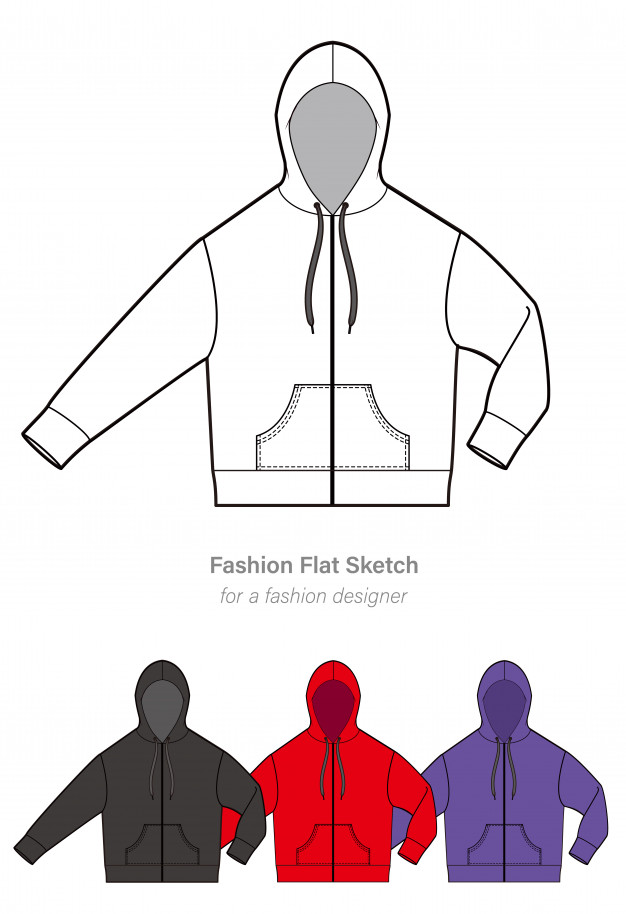 626x914 Zip Up Hoody Fashion Flat Technical Drawing Template Vector