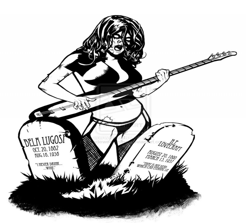 800x726 Black And White Zombie Girl With A Guitar Among Headstones Tattoo