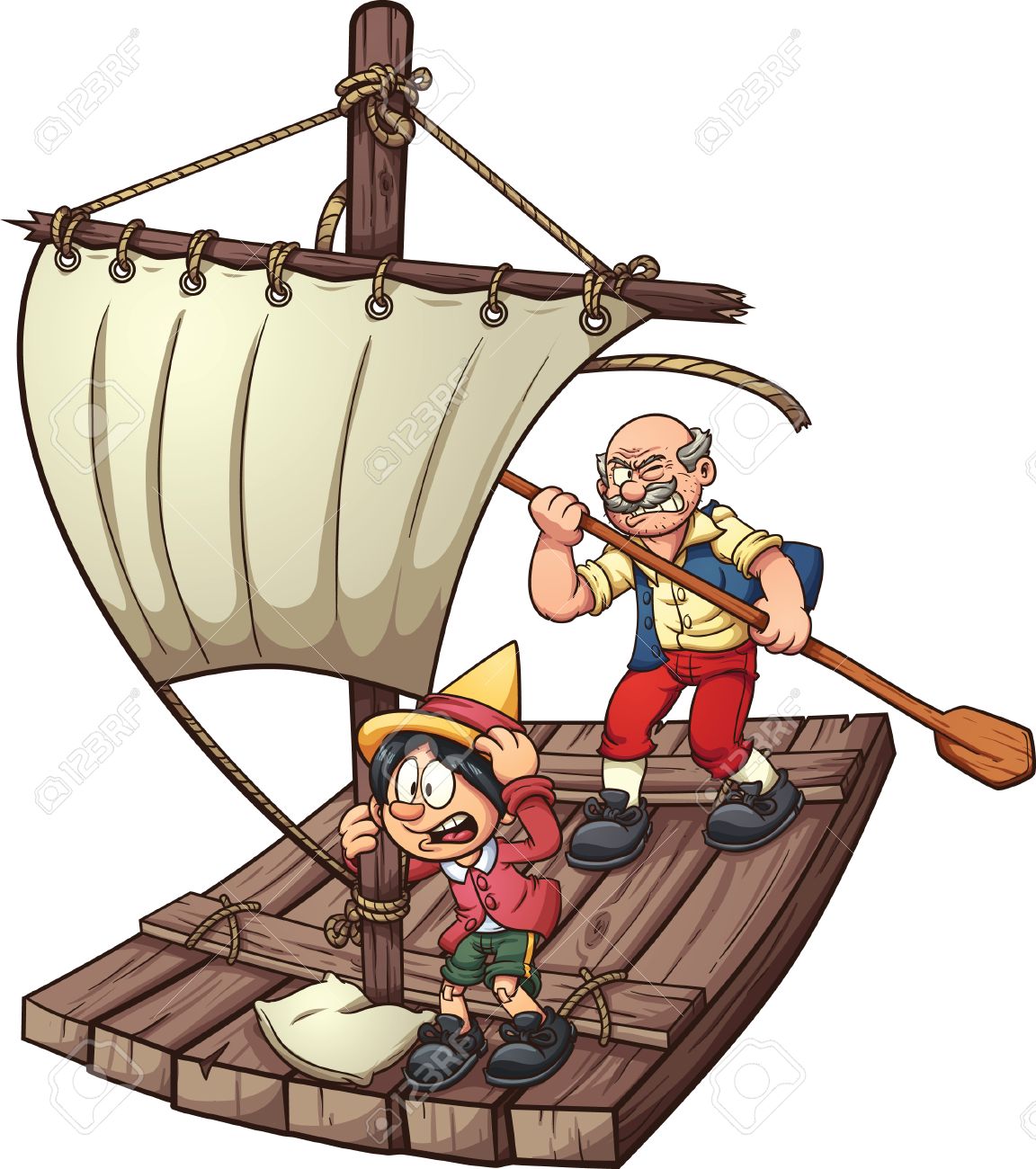 1152x1300 Pinocchio On A Raft. Vector Clip Art Illustration With Simple