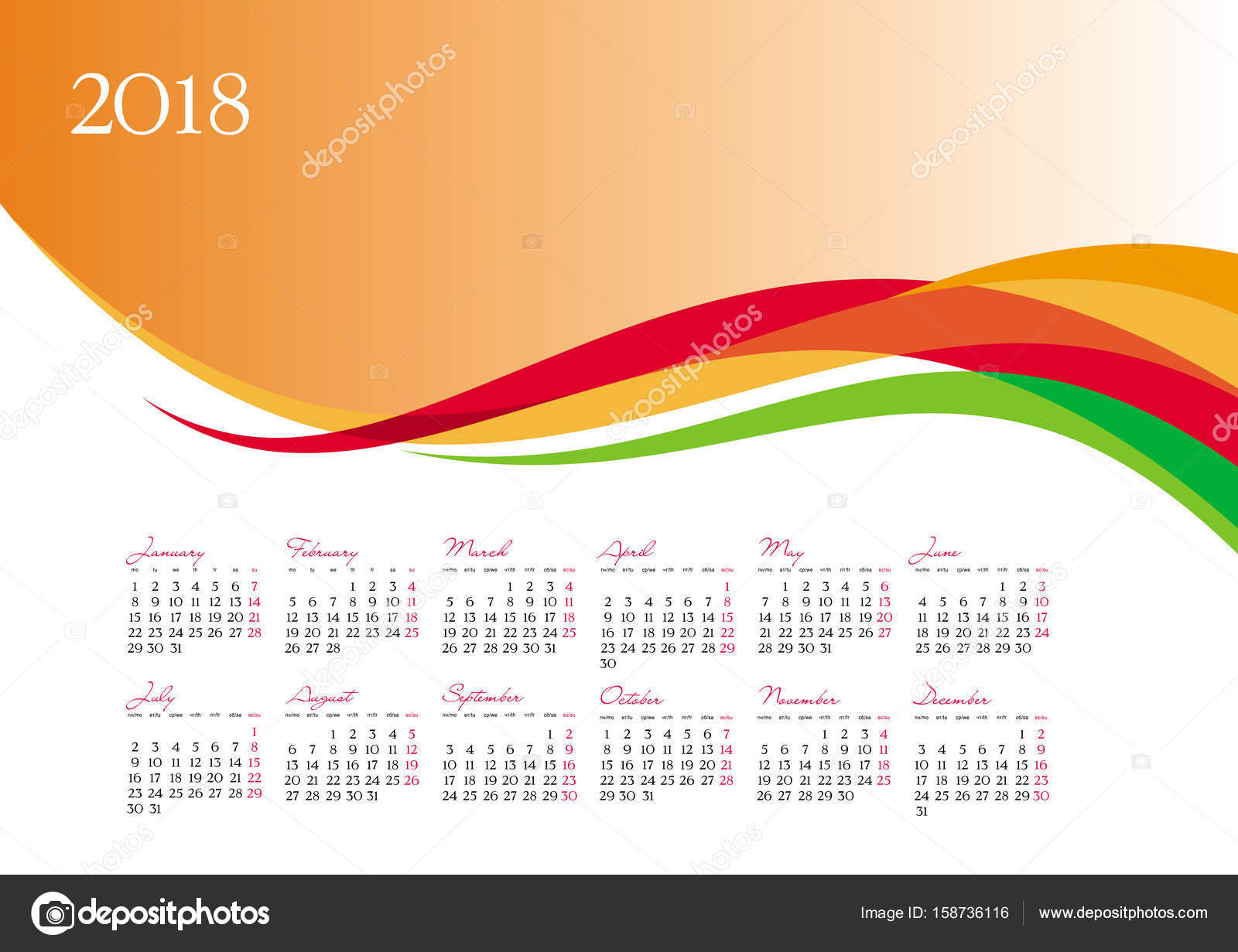 1600x1231 Template Of 2018 Calendar On Orange Background Stock Vector