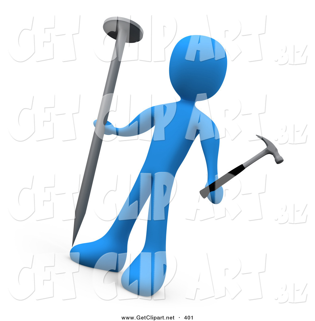 1024x1044 3d Clip Art Of A Confused Blue Man Holding A Large Nail And A Tiny