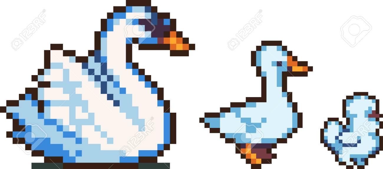 1300x576 Set Of Swan And Swan Chicks In Pixel Art Style. Retro 8 Bit
