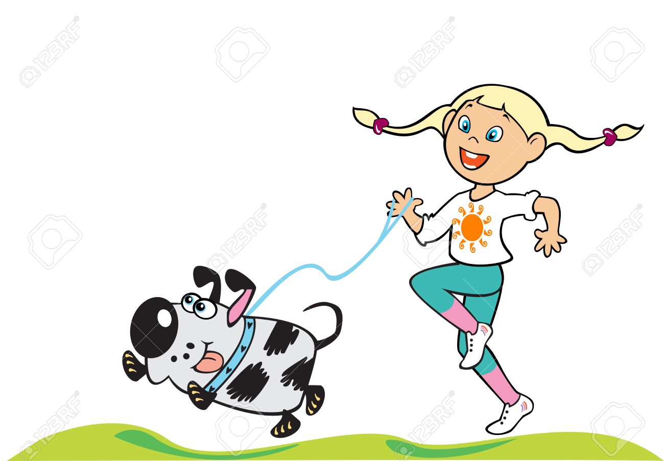 1300x903 Cartoon Little Girl Running With Dog Children Illustration