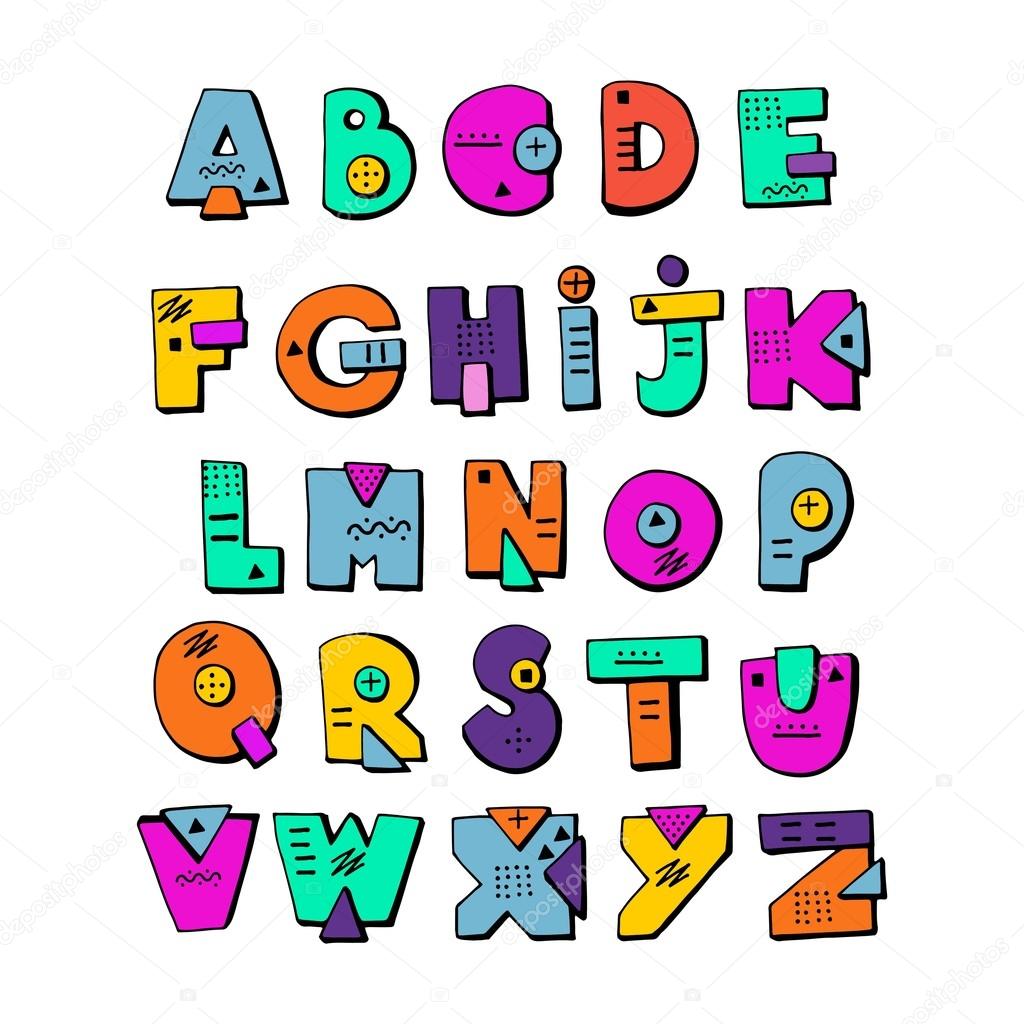 1024x1024 Funny Doodle Alphabet. Colorful Creative Design Letters. Abc