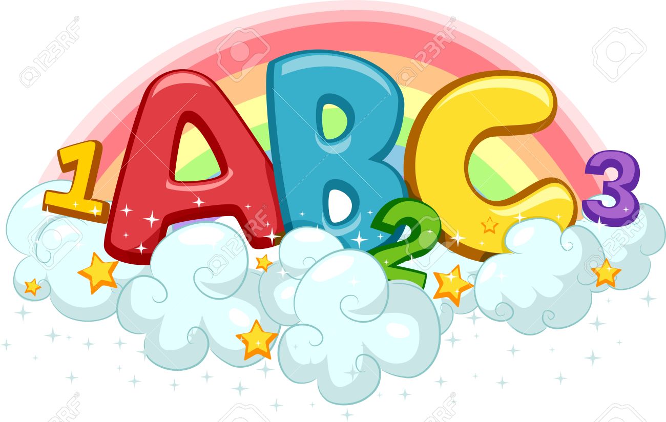 1300x824 Illustration Of Abc And 123 On Clouds With Stars And Rainbow Stock