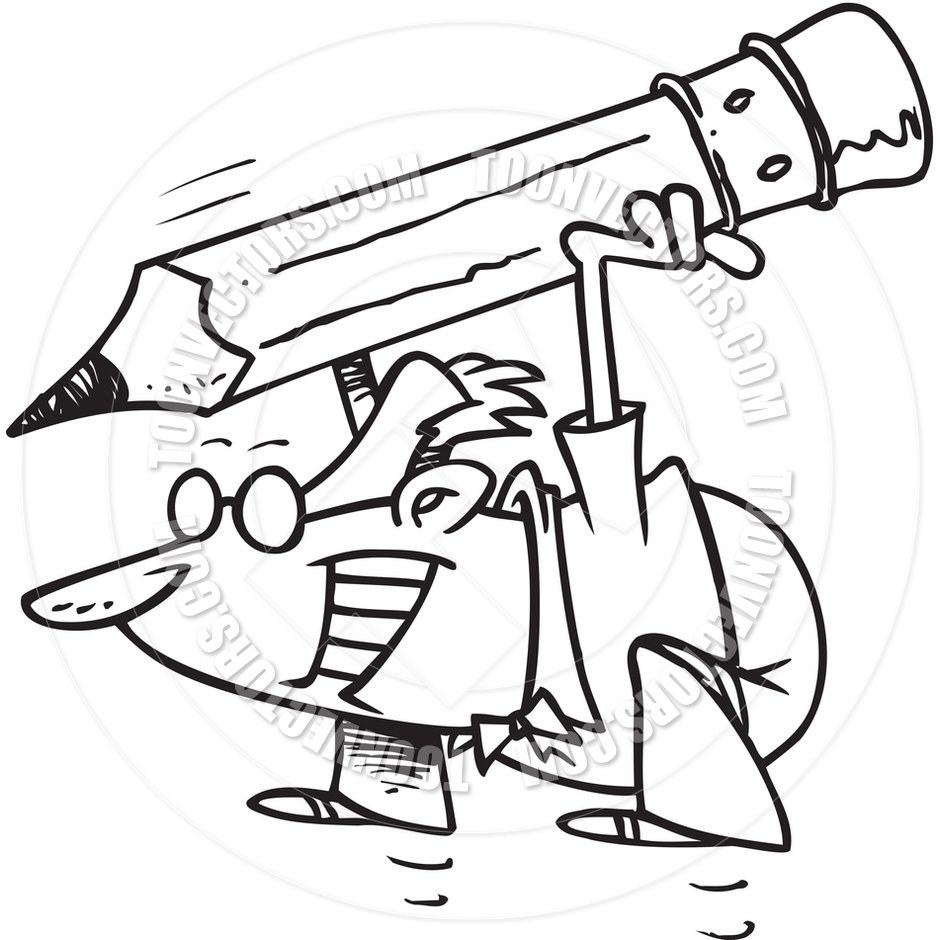 940x940 Cartoon Accountant With A Large Pencil (Black And White Line Art
