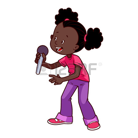 450x450 Cartoon African American Girl Singing With A Microphone. Vector