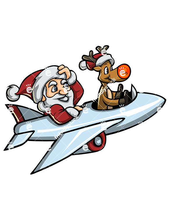 585x755 Santa And Rudolph Flying With An Airplane Cartoon Vector Clipart