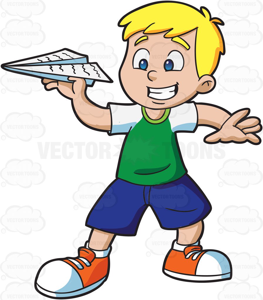 897x1024 A Young Boy Playing With A Paper Airplane Cartoon Clipart